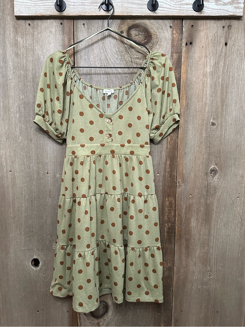 Blue Pepper Polka Dot Puff Sleeve Mini Dress in Green Size Small
